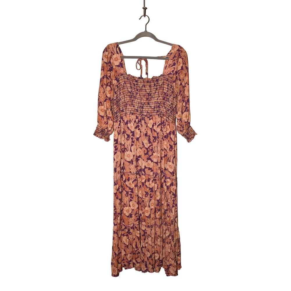 ARULA $80 Boho Floral Smocked Maxi Dress Purple Pink 3/4 Sleeve Tiered 1X